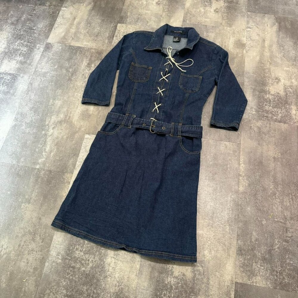 Vintage Y2k Denim Lace Up belted mini dress by Starwear jeans Medium Boho Bratz